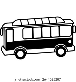 A simple black and white illustration depicts a school bus, a vital transportation vehicle, isolated on a white background. 