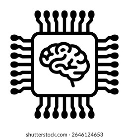A simple black and white illustration depicts a microchip with a brain at its center. Bold outlines and a stark contrast define the image.