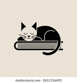 A simple black and white illustration depicts a black cat sleeping peacefully on top of a thick black book cat day special
