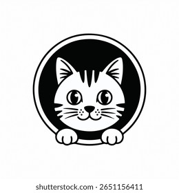 A simple black and white illustration depicts a cute tabby cat's face peeking from a black circular frame. cat day special