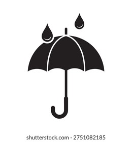 A simple black and white illustration depicts a closed umbrella with raindrops