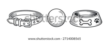 a simple black and white illustration depicts a dog collar an egg and a pet food bowl