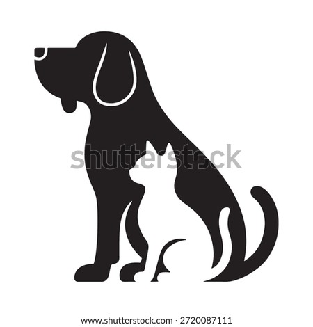 A simple black and white illustration depicts a beagle dog with a cat sitting nearby