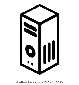 Simple black and white illustration of a desktop computer tower with vents and disc drive