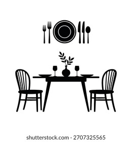 Simple ilustración en blanco y negro de una mesa de comedor para dos
