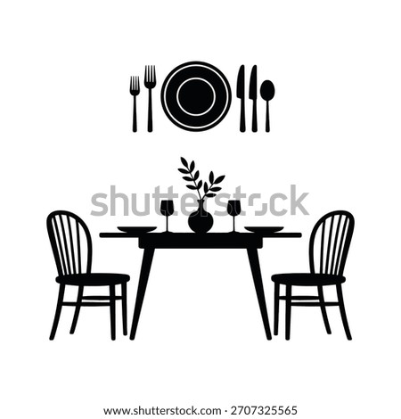 Simple black and white illustration of a dining table setting for two