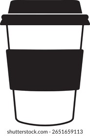A simple black and white illustration of a disposable coffee cup with a lid and sleeve.