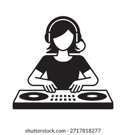 Simple black and white illustration of a dj with headphones and equipment