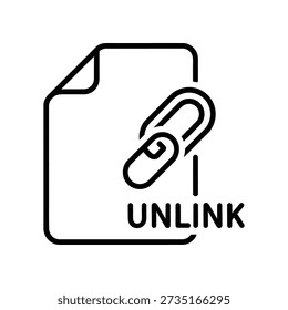 Simple black and white illustration of a document with a paperclip and the word 'UNLINK', symbolizing detachment or separation.