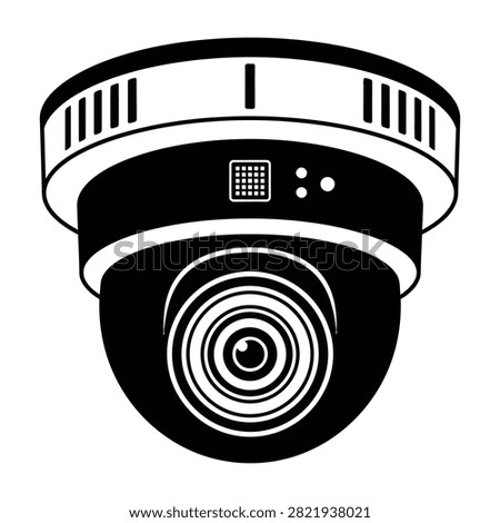 Simple black and white illustration of a dome security camera. Represents surveillance, CCTV systems, home safety, monitoring technology, and crime prevention concepts.