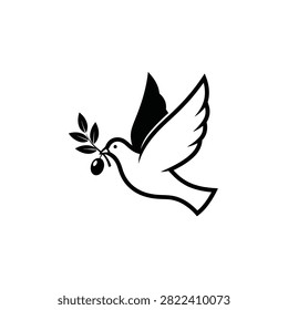 A simple black and white illustration of a dove in flight holding an olive branch with a single olive.