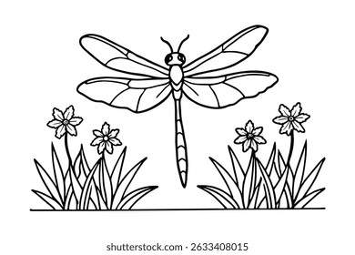 Ilustração simples em preto e branco de uma libélula entre flores e folhagem florescentes