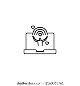 Simple black and white illustration drawn with thin line. Perfect for advertisement, internet shops, stores. Editable stroke. Vector line icon of lgbtq man under rain on computer monitor 