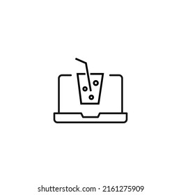 Simple black and white illustration drawn with thin line. Perfect for advertisement, internet shops, stores. Editable stroke. Vector line icon of soda on laptop monitor 