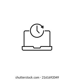 Simple black and white illustration drawn with thin line. Perfect for advertisement, internet shops, stores. Editable stroke. Vector line icon of clock on laptop monitor 