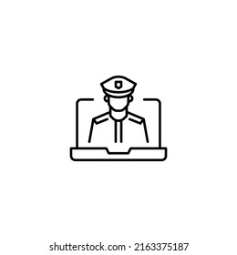 Ilustración simple en blanco y negro dibujada con línea delgada. Perfecto para publicidad, tiendas de internet, tiendas. Trazo editable. Icono de línea de vector del piloto en el monitor del portátil 