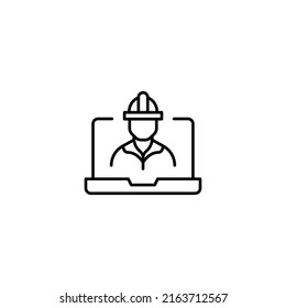 Ilustración simple en blanco y negro dibujada con línea delgada. Perfecto para publicidad, tiendas de internet, tiendas. Trazo editable. Icono de línea de vector del constructor en el monitor del portátil 