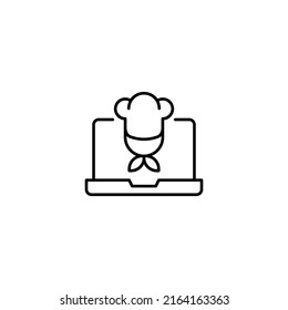 Simple black and white illustration drawn with thin line. Perfect for advertisement, internet shops, stores. Editable stroke. Vector line icon of chef on laptop monitor 