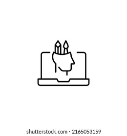 Ilustración simple en blanco y negro dibujada con línea delgada. Perfecto para publicidad, tiendas de internet, tiendas. Trazo editable. Icono de línea de vector del artista en el monitor del portátil 