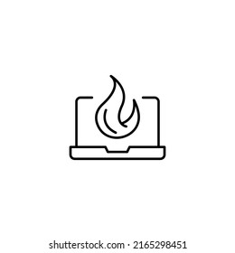 Ilustración simple en blanco y negro dibujada con línea delgada. Perfecto para publicidad, tiendas de internet, tiendas. Trazo editable. Icono de la línea del vector de llama o fuego en el monitor de portátil 