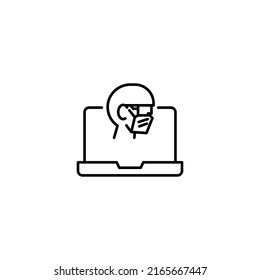 Einfache Schwarz-Weiß-Illustration mit dünner Linie gezeichnet. Ideal für Werbung, Internet-Shops, Läden. Bearbeitbarer Strich. Vektorsymbol von Wissenschaftlern oder Chemiker auf Laptop-Monitor 