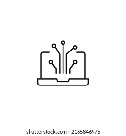 Simple black and white illustration drawn with thin line. Perfect for advertisement, internet shops, stores. Editable stroke. Vector line icon of wires or cables on laptop monitor 