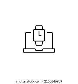 Einfache Schwarz-Weiß-Illustration mit dünner Linie gezeichnet. Ideal für Werbung, Internet-Shops, Läden. Bearbeitbarer Strich. Vektorsymbol des Armbanduhr-Laptop-Monitors 
