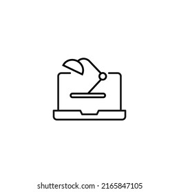 Simple black and white illustration drawn with thin line. Perfect for advertisement, internet shops, stores. Editable stroke. Vector line icon of table lamp laptop monitor 