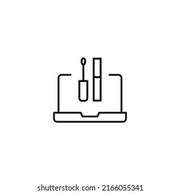 Simple black and white illustration drawn with thin line. Perfect for advertisement, internet shops, stores. Editable stroke. Vector line icon of mascara or lipstick laptop monitor 