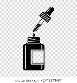 A simple black and white illustration of a dropper bottle with a single drop of liquid falling from the dropper, set against a transparent background, with clean lines and minimalist style.