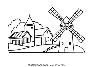 Simple black and white illustration of a dutch windmill and village scene