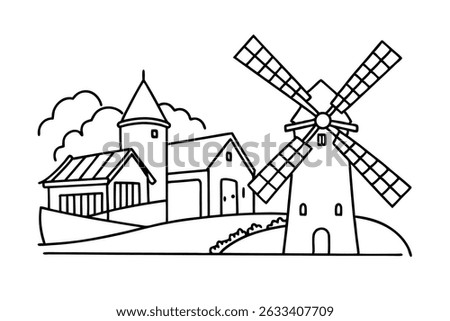 Simple black and white illustration of a dutch windmill and village scene