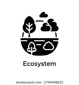 A simple black and white illustration of an ecosystem featuring a tree, clouds, and water elements, symbolizing environmental balance and harmony.