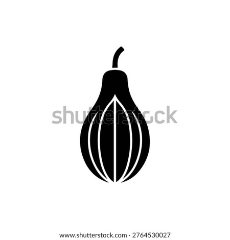 A simple black and white illustration of an eggplant with a stem and distinctive shape
