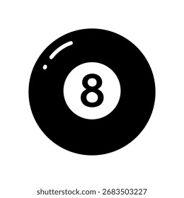 Uma ilustração simples em preto e branco de uma bola de oito usada no jogo de bilhar ou piscina