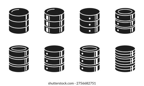 a simple black and white illustration of eight database cylinders on a plain white background, suitable for use in software, technology, or business related marketing and educational materials