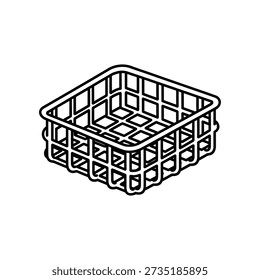A simple black and white illustration of an empty wire basket with a grid pattern on a white background.