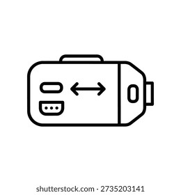 Simple black and white illustration of an external hard drive with USB ports and data transfer symbol