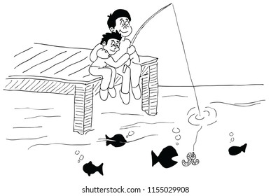 A Simple Black And White Illustration Of A Father And Son Fishing Off A Dock.