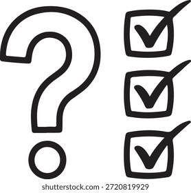 Ilustración simple en blanco y negro presenta un signo de interrogación junto con tres casillas marcadas que simbolizan la toma de decisiones y la selección de opciones en un concepto de diseño minimalista.