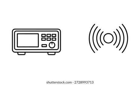 Uma ilustração simples em preto e branco apresenta dois ícones lado a lado em um fundo branco. O ícone da esquerda representa um gerador de sinais de radiofreqüência, um dispositivo eletrônico retangular com uma tela, um teclado numérico e um mostrador. O ícone da direita representa uma transmissão sem fio ou um sinal de Wi-Fi, mostrado como arcos concêntricos emanando de um círculo central.