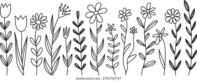 Einfache Schwarz-Weiß-Illustration mit verschiedenen Blumen und Pflanzen in einem minimalistischen Stil, perfekt für dekorative Zwecke und präsentiert elegantes botanisches Design mit klaren Linien und subtilen Details.