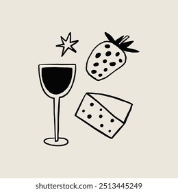 A simple black and white illustration featuring wine, cheese, and a strawberry. Perfect for gourmet and culinary themed designs