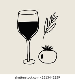 Simples ilustração em preto e branco com um copo de vinho, tomate e folha simbolizando elegância e natureza