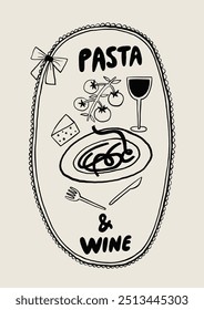 Ilustração simples em preto e branco com massa, vinho, queijo e talheres, evocando uma experiência de jantar elegante com um toque de estilo gourmet