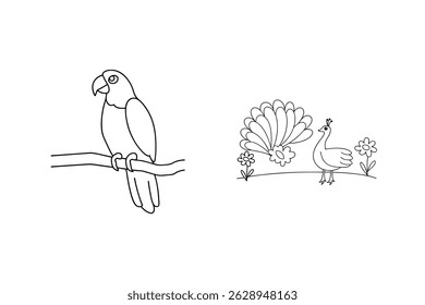 A simple black and white illustration featuring parrot and peacock characters