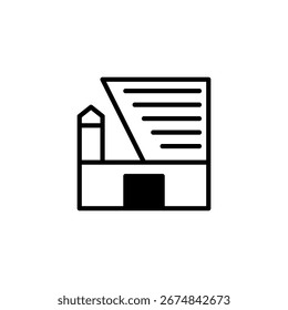 A simple, black and white illustration featuring an abstract building. The image is suitable for use as an icon, logo, or graphic element in designs related to architecture, construction, urban