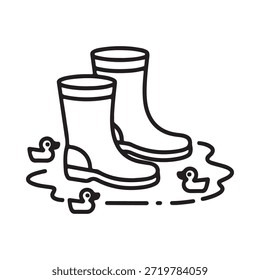 Una simple ilustración en blanco y negro con botas de lluvia y patos de goma