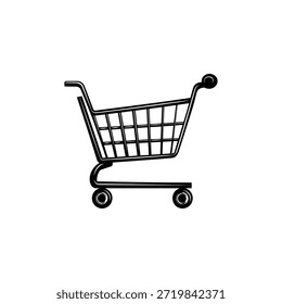 Simple ilustración en blanco y negro con un Carrito de compras clásico. Ideal para temas de venta al por menor, diseños de tiendas de comestibles, publicidad de supermercados y Materiales promocionales.