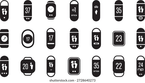 Simple black and white illustration featuring multiple fitness tracker icons representing various health and fitness metrics.